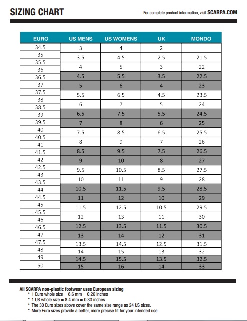 Scarpa climbing clearance shoes chart